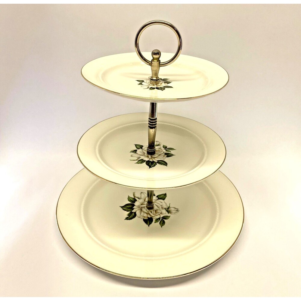 Vintage Hall White Rose 3 Tier Serving Tray Gold Trim Tea Party-Original Form